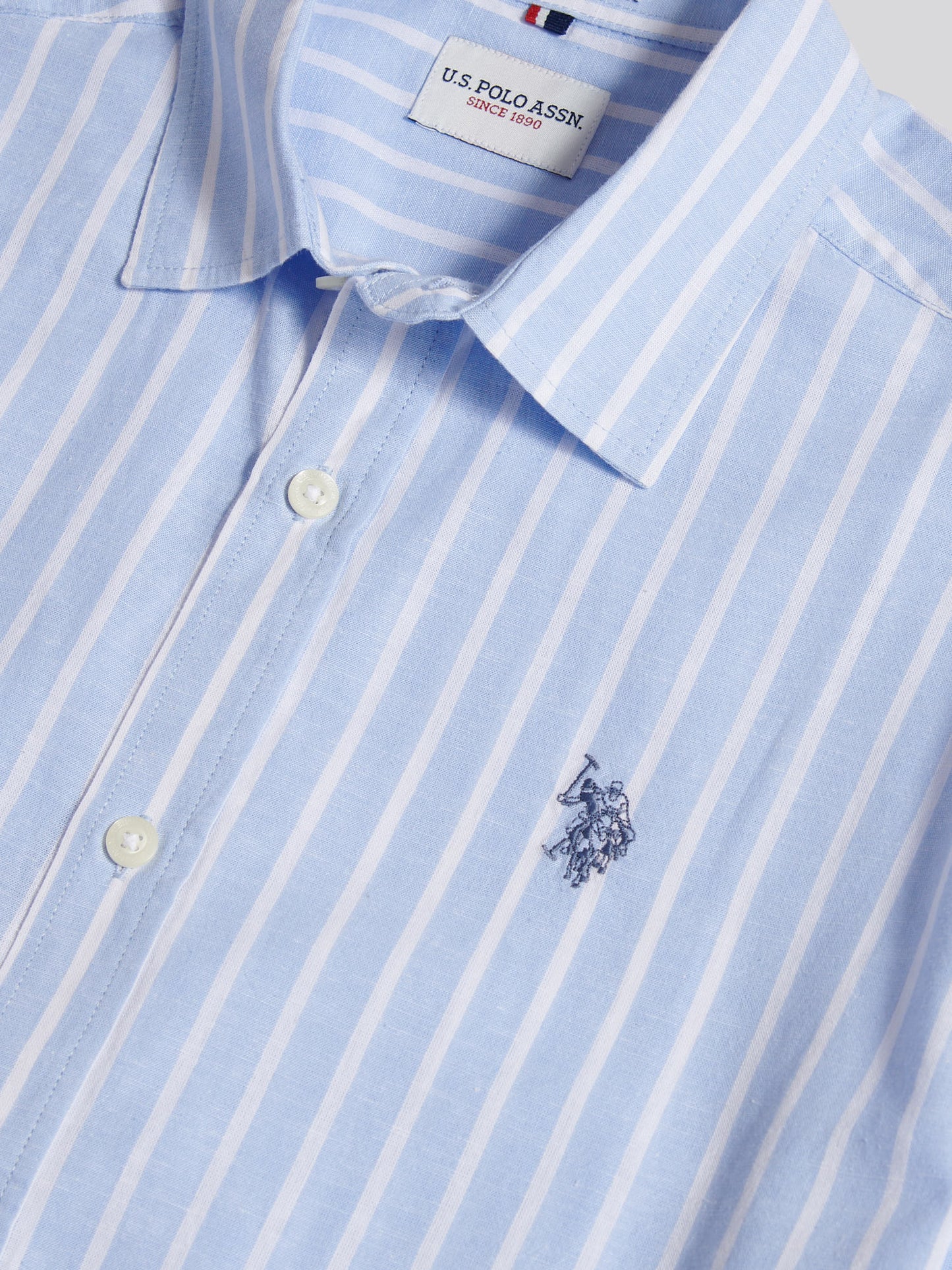 Mens Linen Blend Summer Stripe Short Sleeve Shirt Chambray Blue