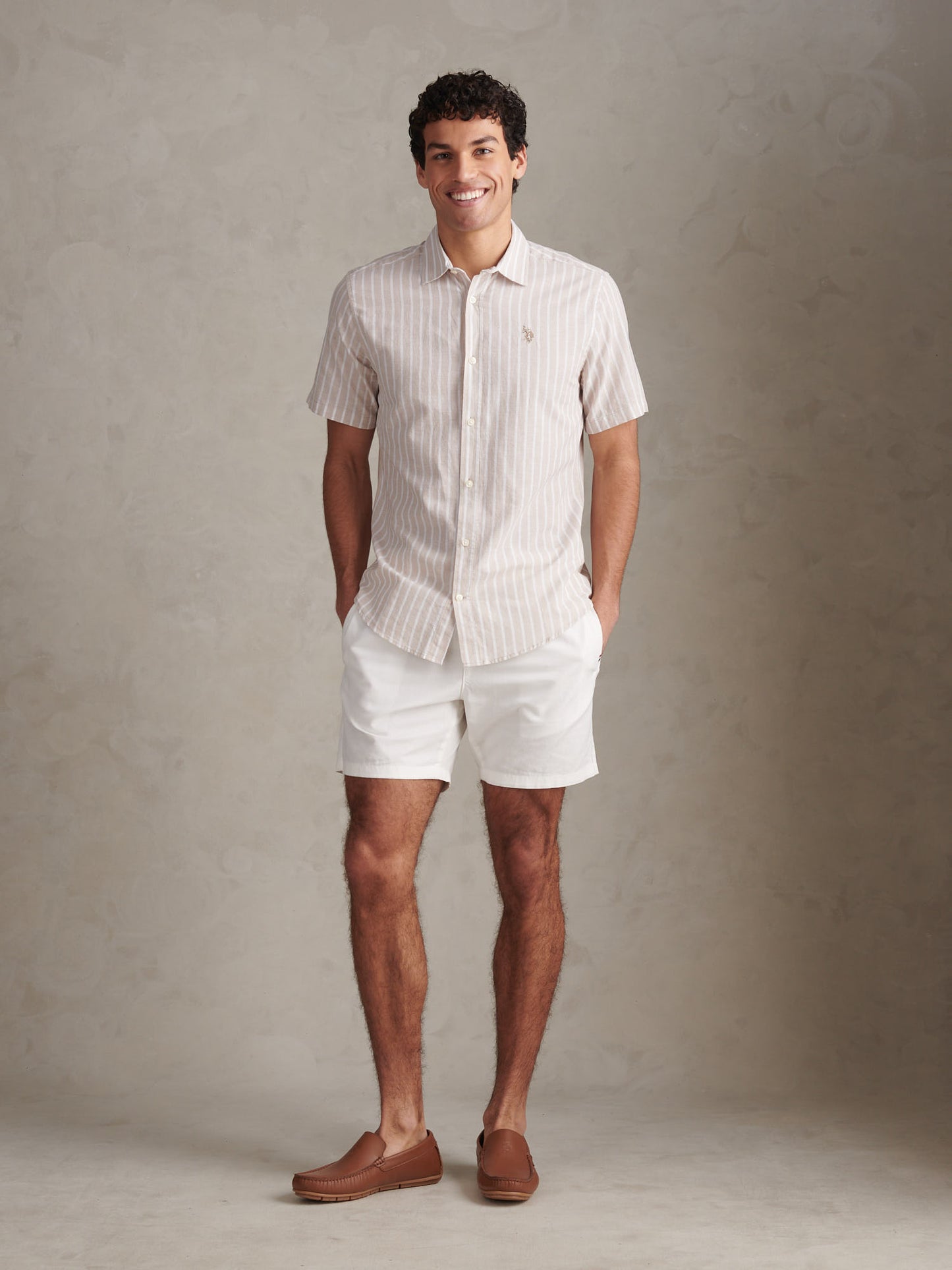 Mens Linen Blend Summer Stripe Short Sleeve Shirt Atmosphere