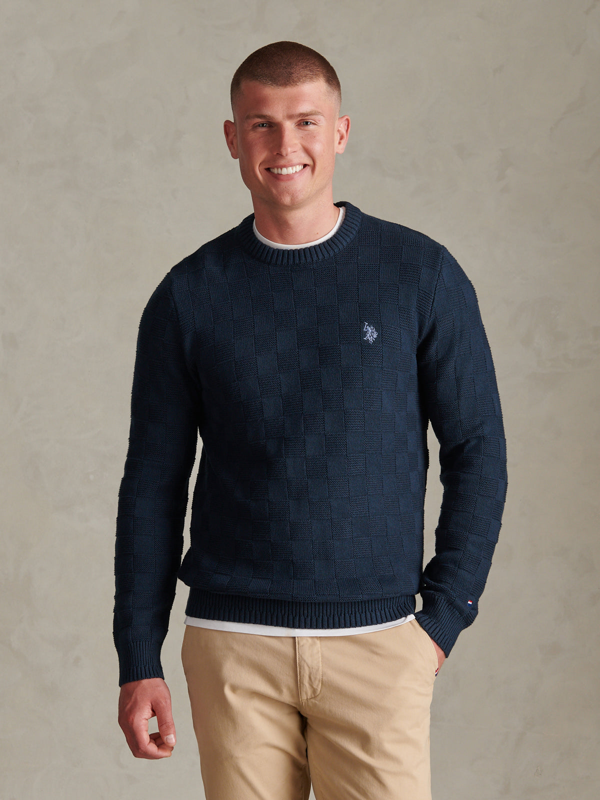 Mens Large Check Textured Knit Crew Neck Jumper Dark Sapphire Navy / Moonlight Blue DHM