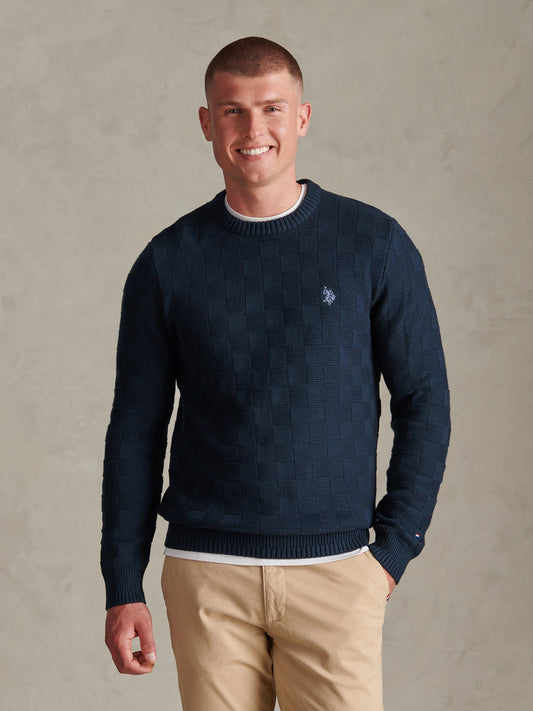 Mens Large Check Textured Knit Crew Neck Jumper Dark Sapphire Navy / Moonlight Blue DHM