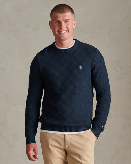 Mens Large Check Textured Knit Crew Neck Jumper Dark Sapphire Navy / Moonlight Blue DHM