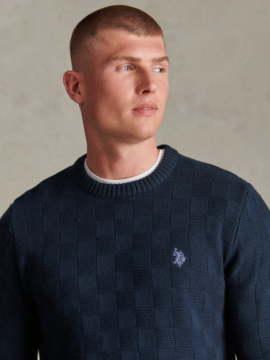 Mens Large Check Textured Knit Crew Neck Jumper Dark Sapphire Navy / Moonlight Blue DHM