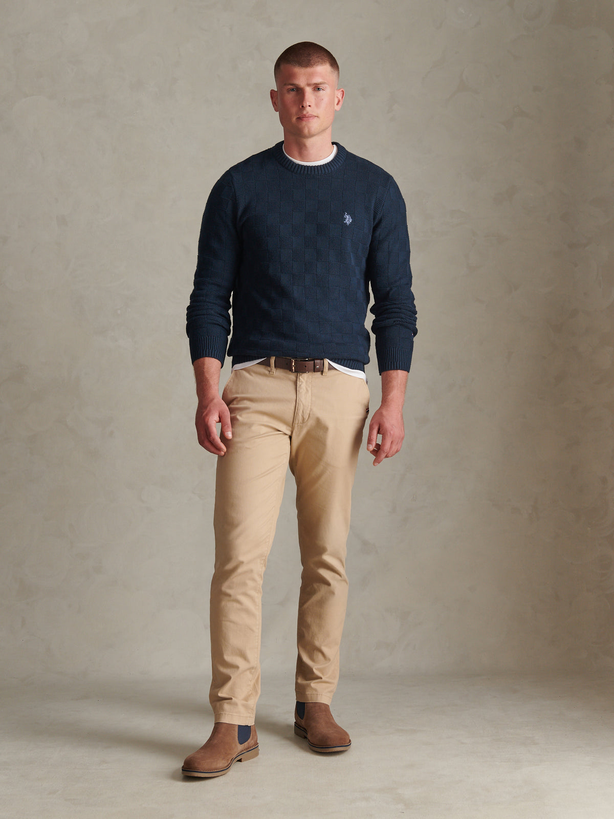 Mens Large Check Textured Knit Crew Neck Jumper Dark Sapphire Navy / Moonlight Blue DHM