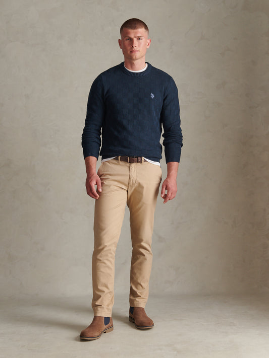 Mens Large Check Textured Knit Crew Neck Jumper Dark Sapphire Navy / Moonlight Blue DHM