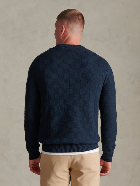 Mens Large Check Textured Knit Crew Neck Jumper Dark Sapphire Navy / Moonlight Blue DHM