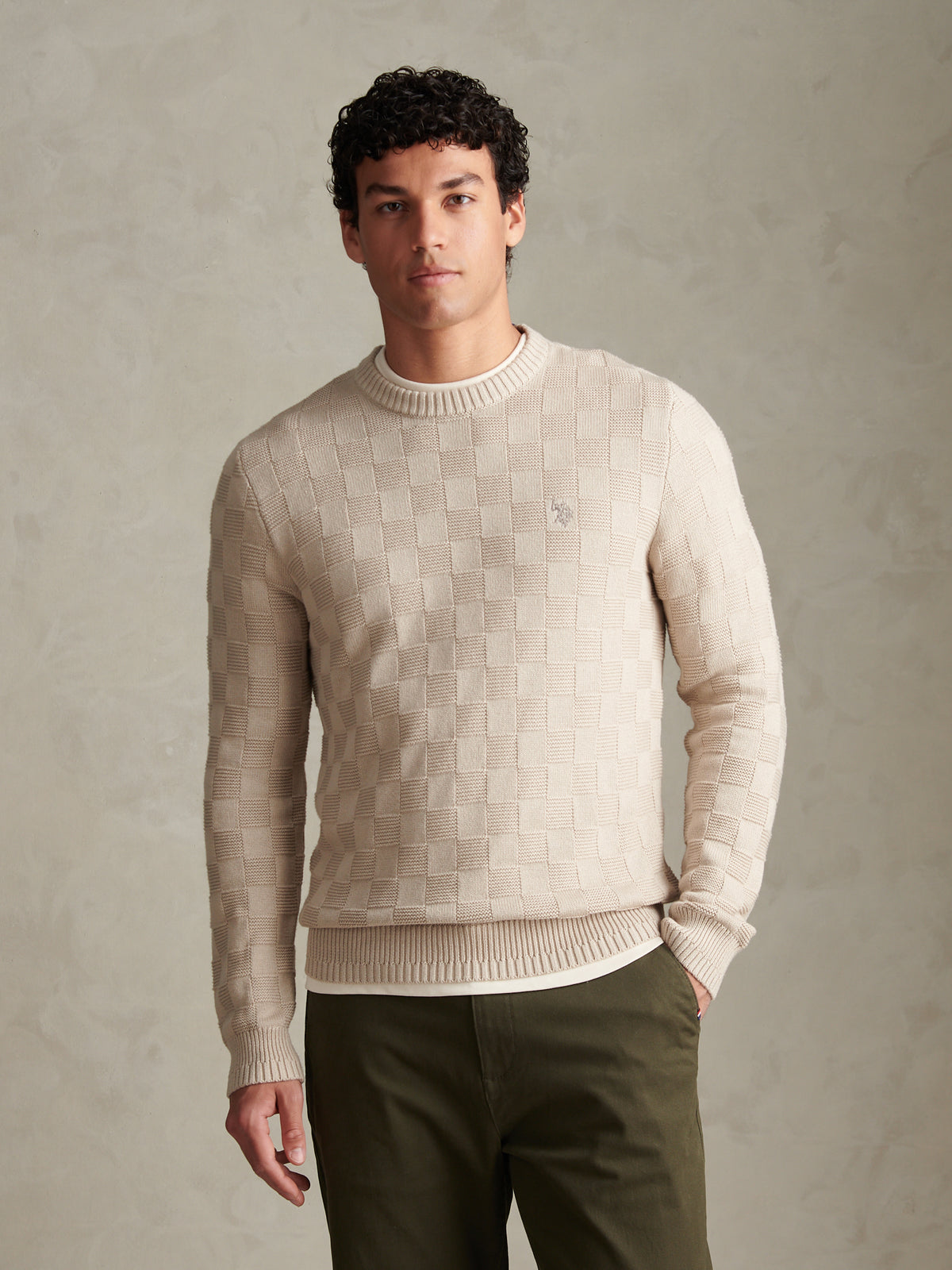 Mens Large Check Textured Knit Crew Neck Jumper Nacreous Clouds