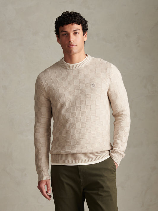 Mens Large Check Textured Knit Crew Neck Jumper Nacreous Clouds