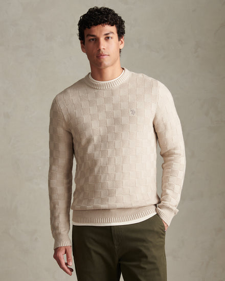 Mens Large Check Textured Knit Crew Neck Jumper Nacreous Clouds