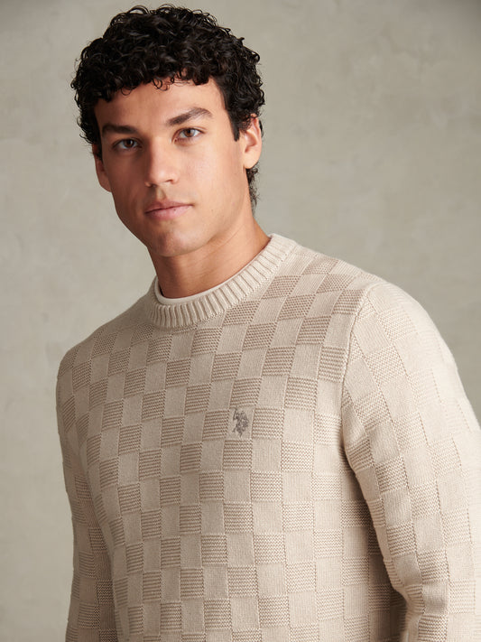 Mens Large Check Textured Knit Crew Neck Jumper Nacreous Clouds
