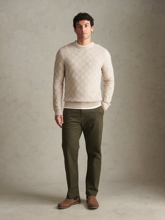 Mens Large Check Textured Knit Crew Neck Jumper Nacreous Clouds