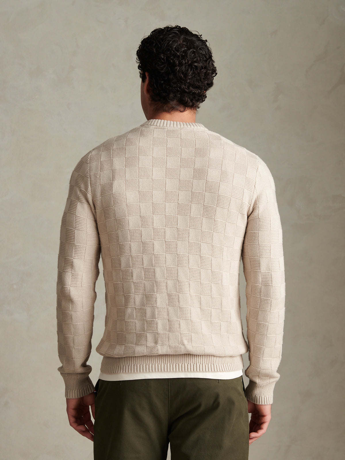 Mens Large Check Textured Knit Crew Neck Jumper Nacreous Clouds