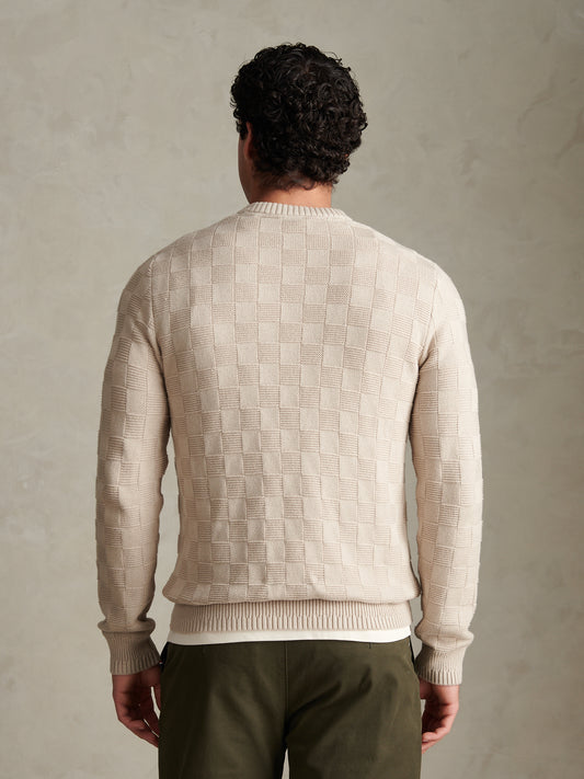 Mens Large Check Textured Knit Crew Neck Jumper Nacreous Clouds