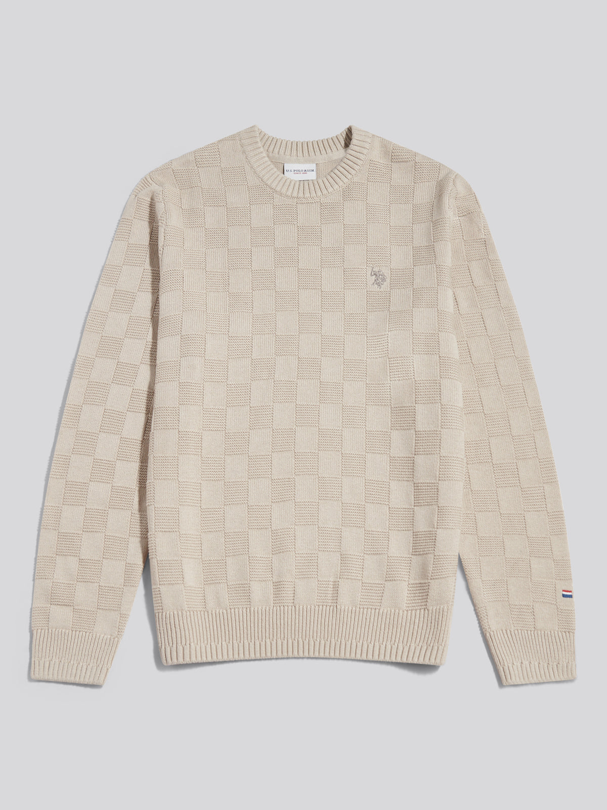 Mens Large Check Textured Knit Crew Neck Jumper Nacreous Clouds