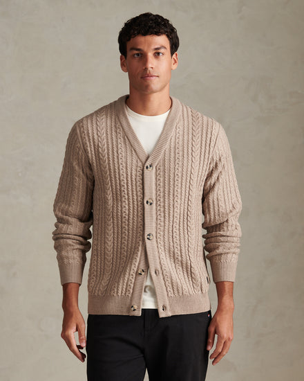 Mens Aran Knit Button-Through Cardigan Cinder Marl
