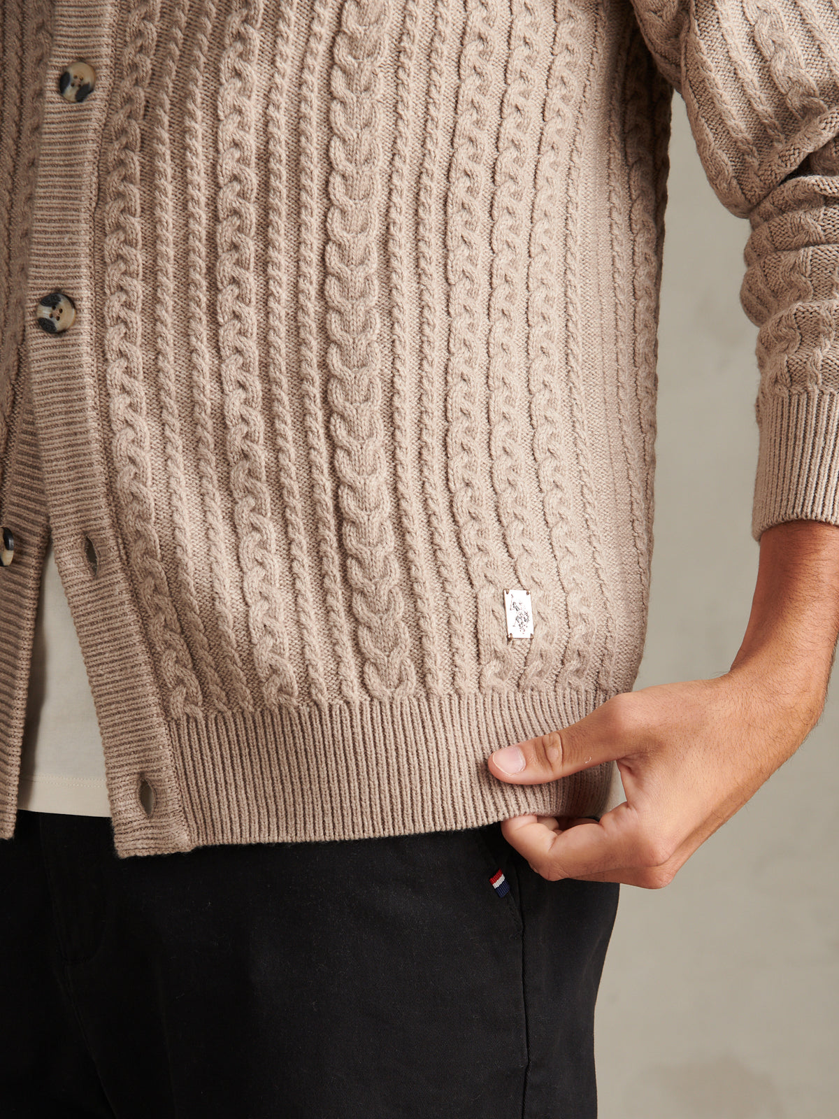 Mens Aran Knit Button-Through Cardigan Cinder Marl