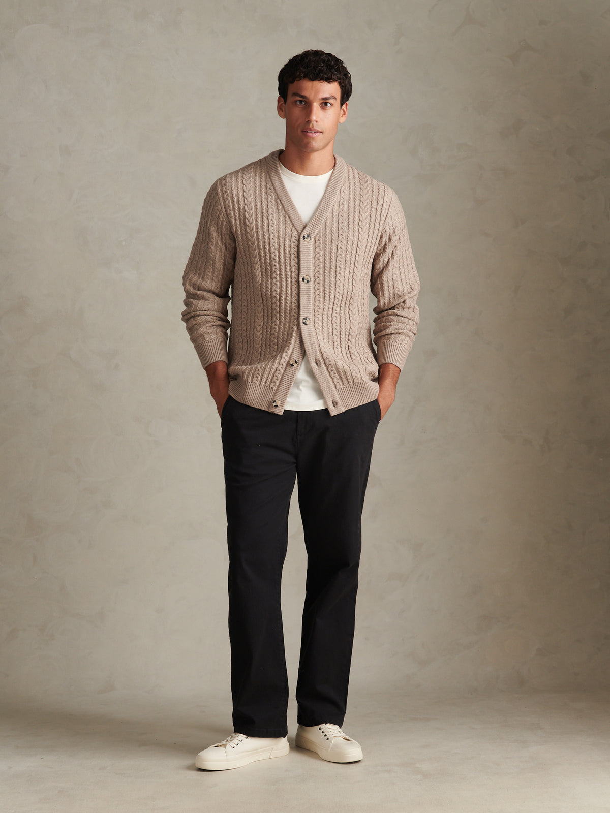 Mens Aran Knit Button-Through Cardigan Cinder Marl