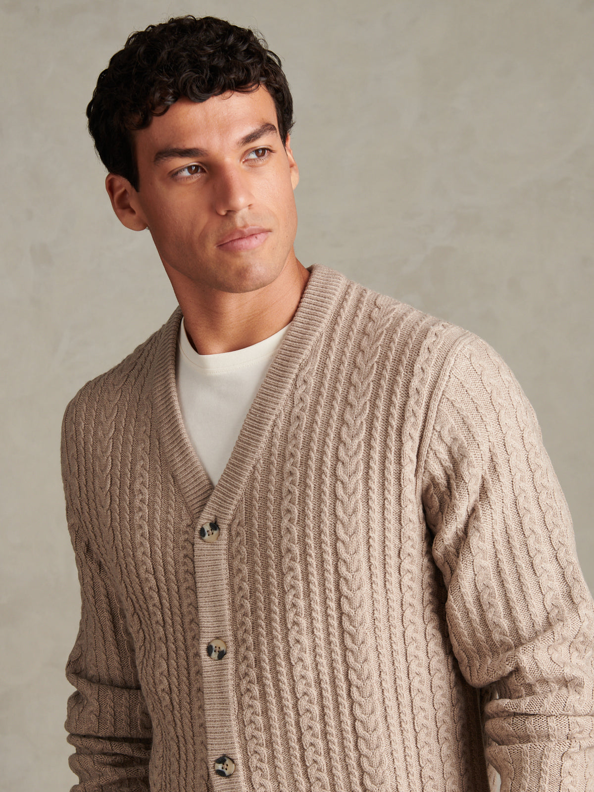 Mens Aran Knit Button-Through Cardigan Cinder Marl