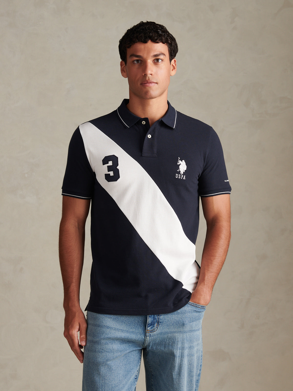 Mens Sash Colour Block Pique Polo Shirt Dark Sapphire Navy
