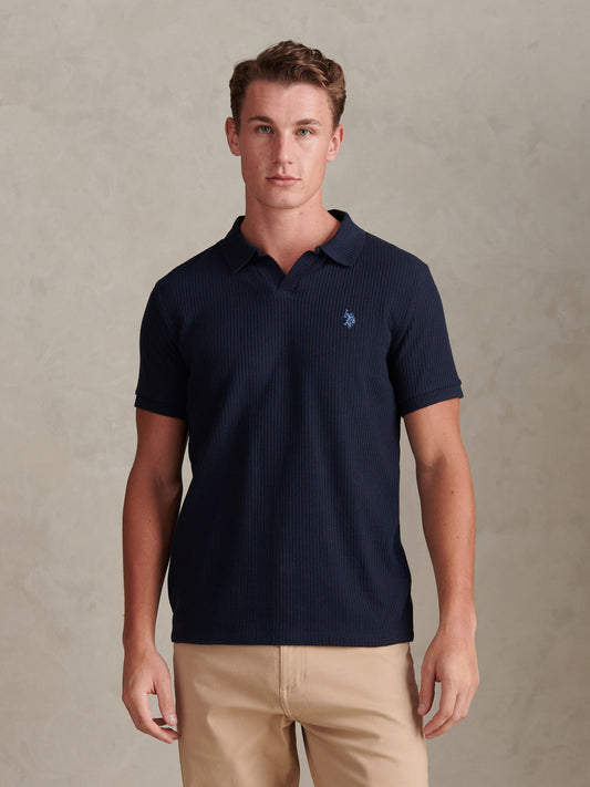 Mens Mini Vertical Texture Open Collar Polo Shirt Dark Sapphire Navy