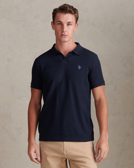 Mens Mini Vertical Texture Open Collar Polo Shirt Dark Sapphire Navy