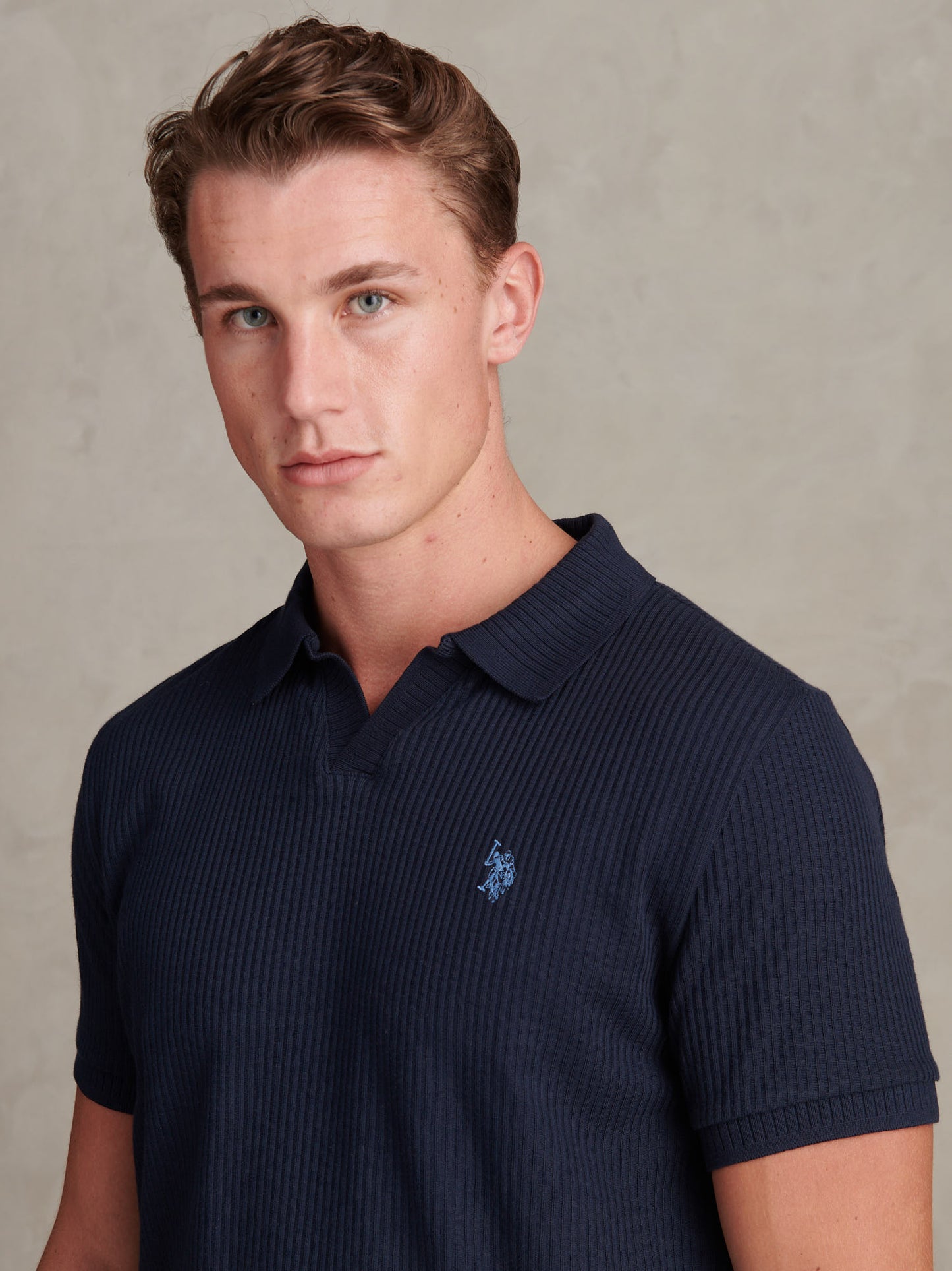 Mens Mini Vertical Texture Open Collar Polo Shirt Dark Sapphire Navy