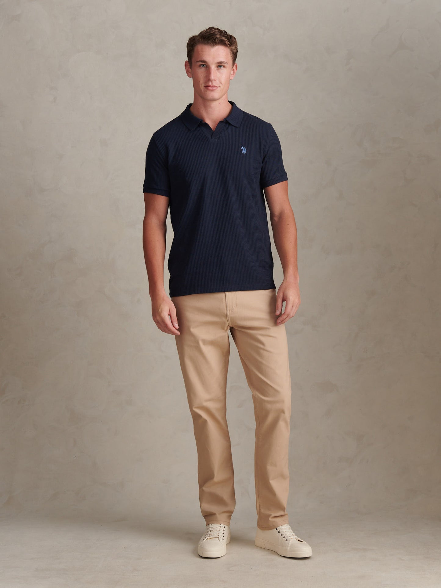 Mens Mini Vertical Texture Open Collar Polo Shirt Dark Sapphire Navy