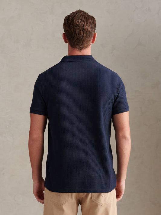 Mens Mini Vertical Texture Open Collar Polo Shirt Dark Sapphire Navy