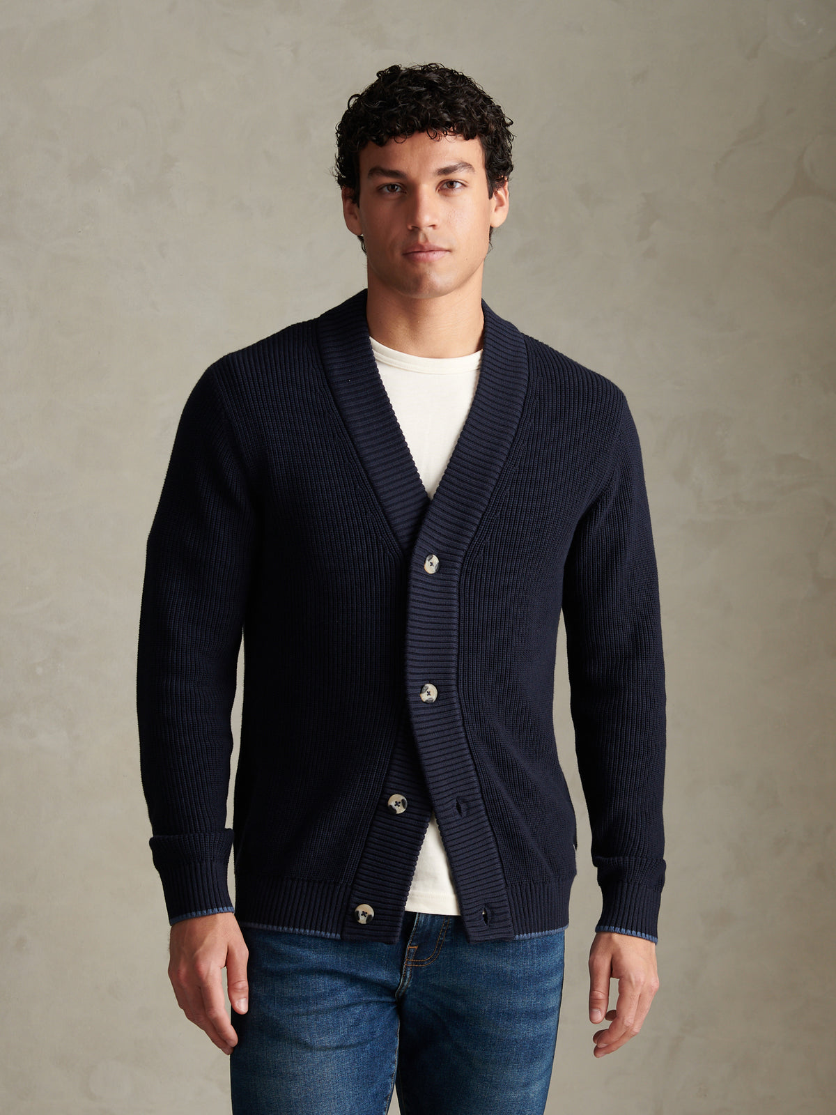 Mens Open Collar Knitted Cardigan Dark Sapphire Navy