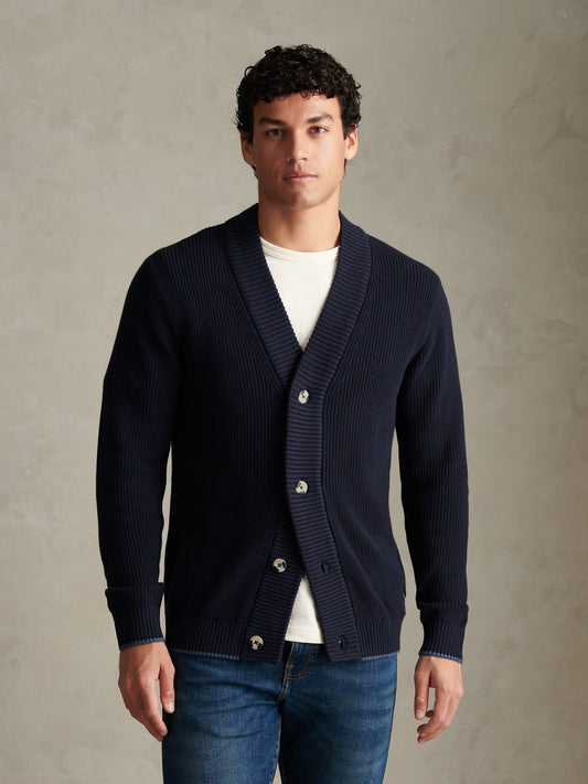 Mens Open Collar Knitted Cardigan Dark Sapphire Navy