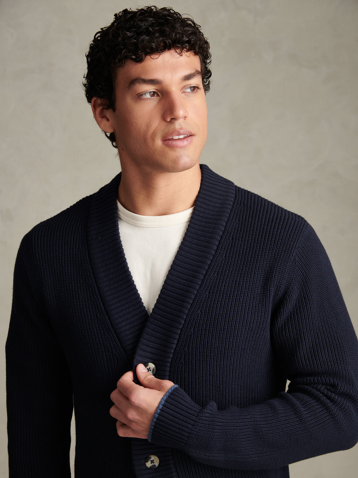 Mens Open Collar Knitted Cardigan Dark Sapphire Navy