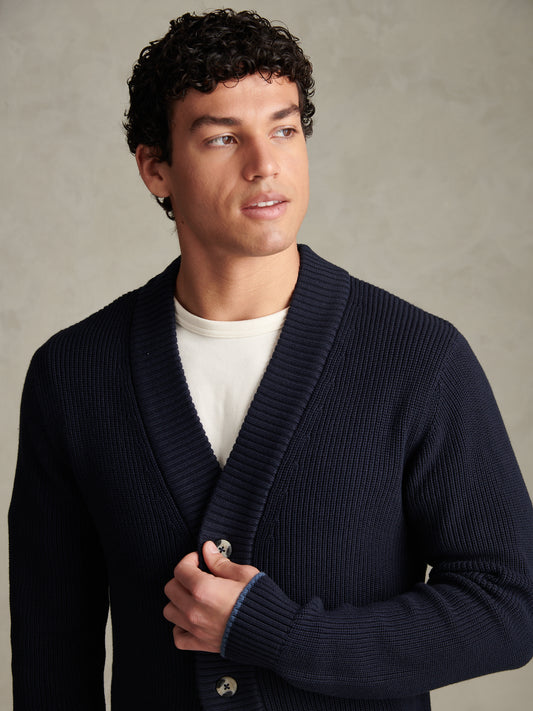 Mens Open Collar Knitted Cardigan Dark Sapphire Navy