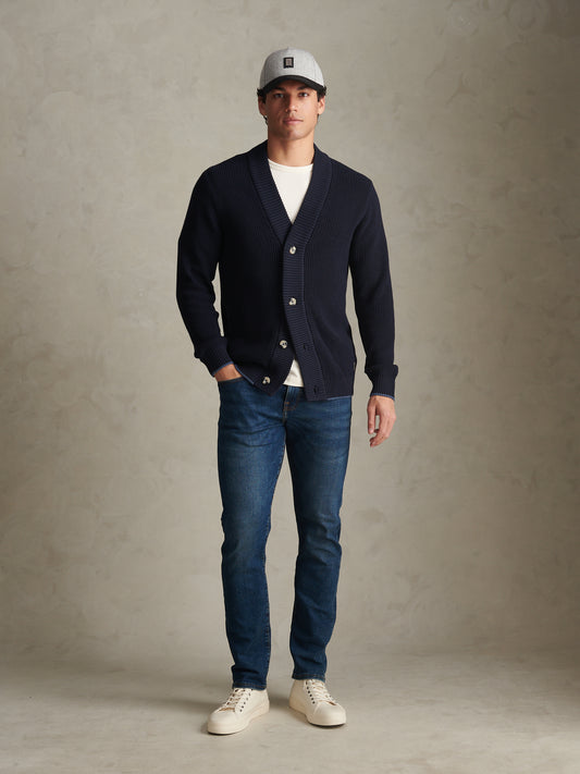 Mens Open Collar Knitted Cardigan Dark Sapphire Navy