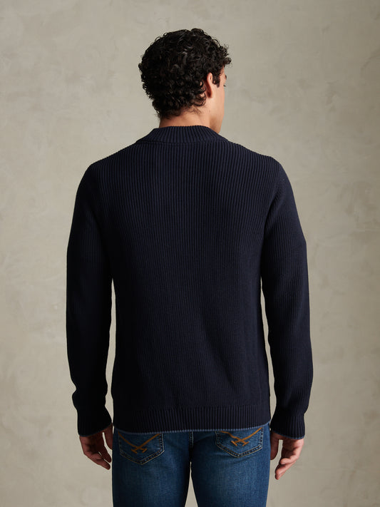 Mens Open Collar Knitted Cardigan Dark Sapphire Navy
