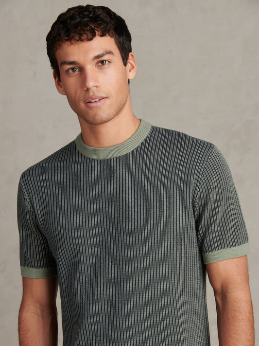 Mens Cotton Vertical Texture Knit T-Shirt Sea Spray