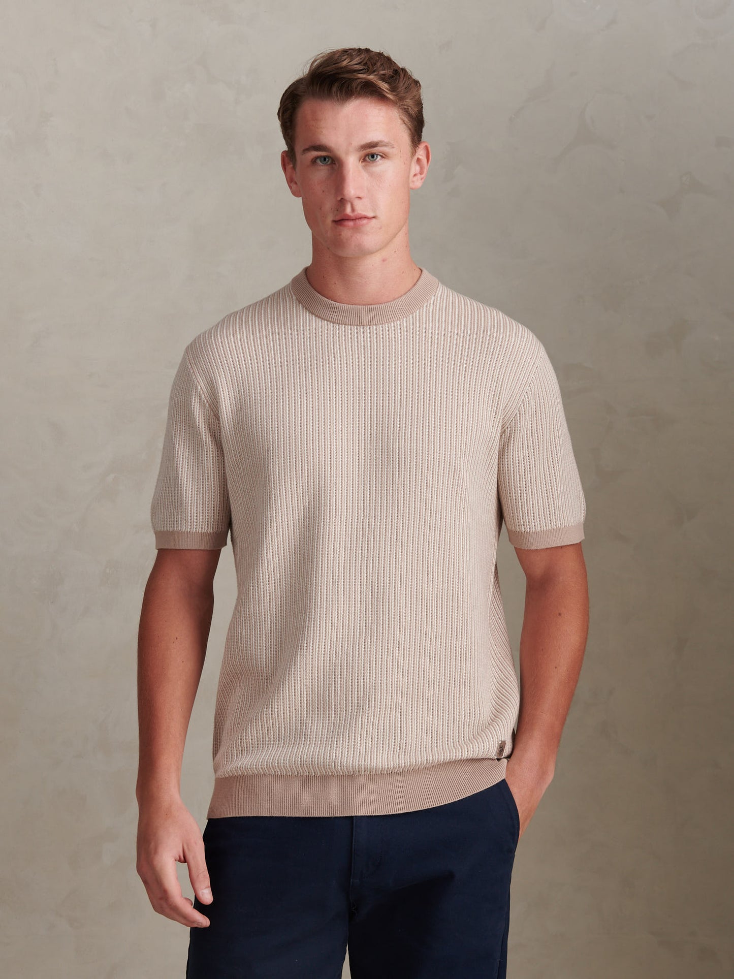 Mens Cotton Vertical Texture Knit T-Shirt Atmosphere