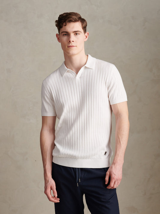 Mens Revere Collar Vertical Knit Polo Shirt Bright White