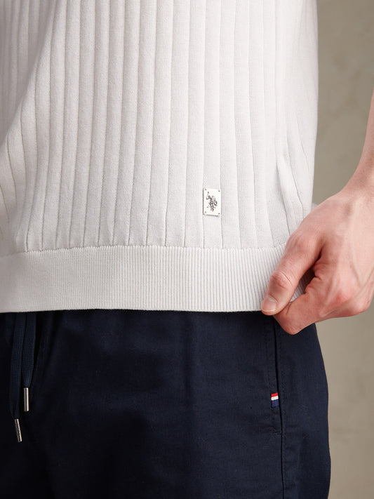 Mens Revere Collar Vertical Knit Polo Shirt Bright White