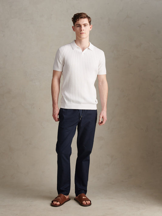 Mens Revere Collar Vertical Knit Polo Shirt Bright White