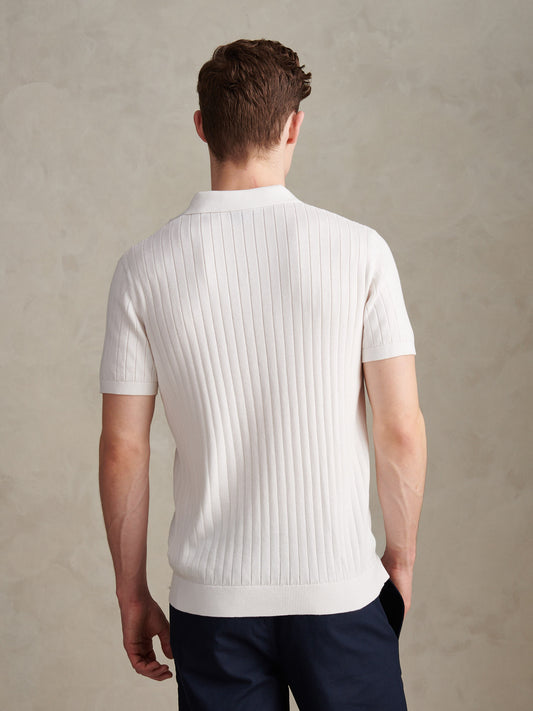 Mens Revere Collar Vertical Knit Polo Shirt Bright White