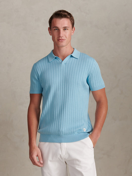Mens Revere Collar Vertical Knit Polo Shirt Air Blue