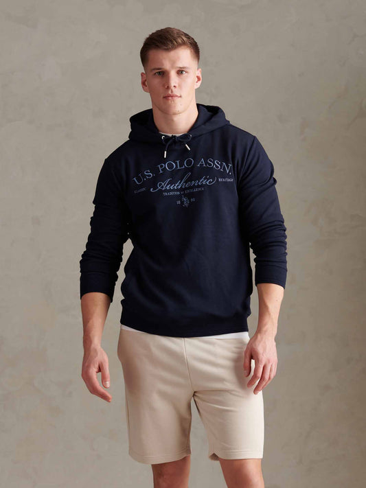 Mens Drop Shoulder Arch Script Hoodie Dark Sapphire Navy
