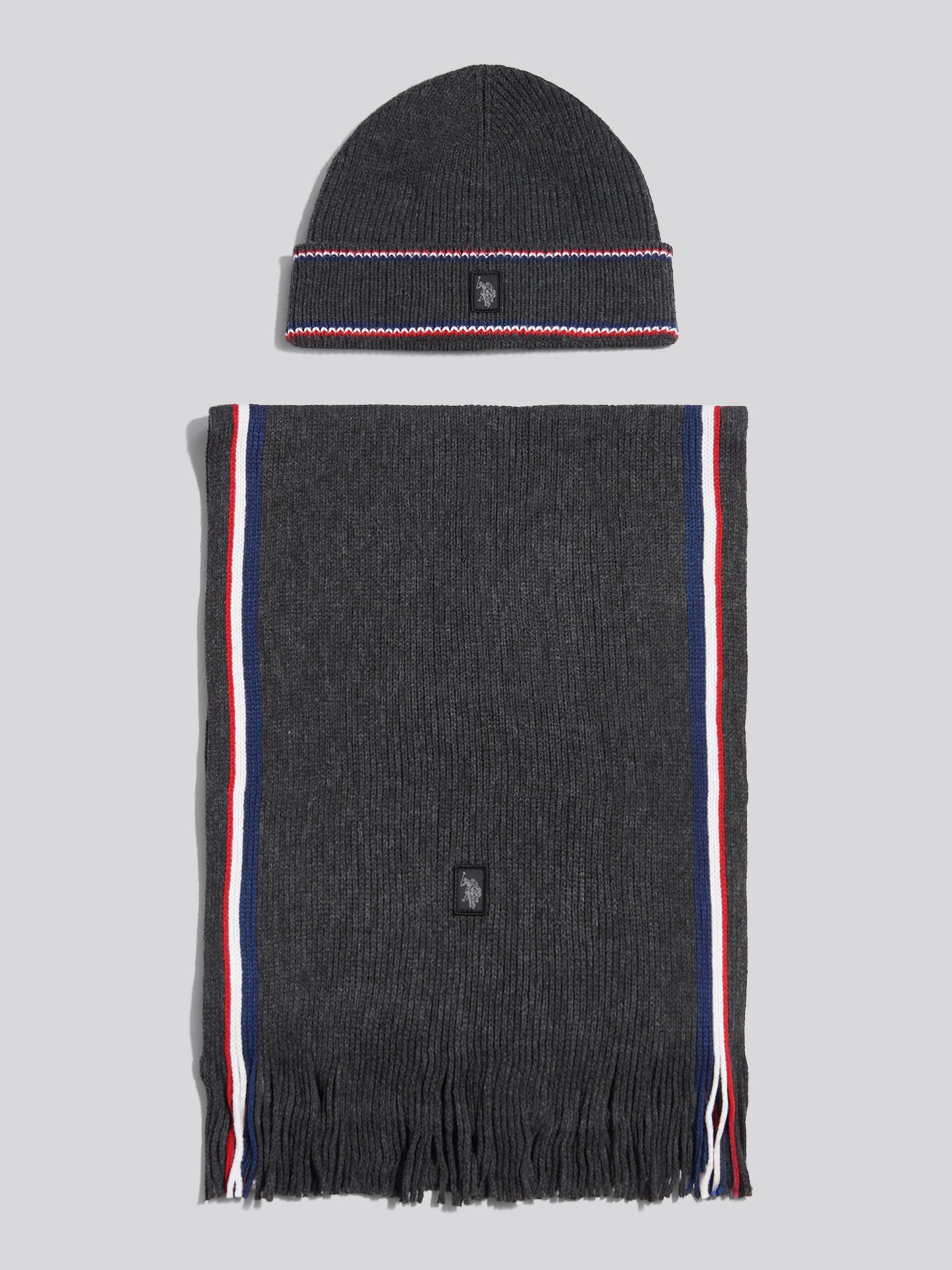 Mens Brand Stripe Knitted Beanie & Scarf Gift Set Charcoal Marl