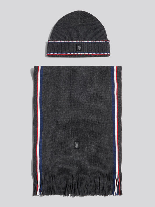 Mens Brand Stripe Knitted Beanie & Scarf Gift Set Charcoal Marl
