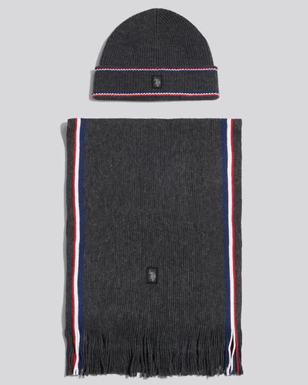 Mens Brand Stripe Knitted Beanie & Scarf Gift Set Charcoal Marl