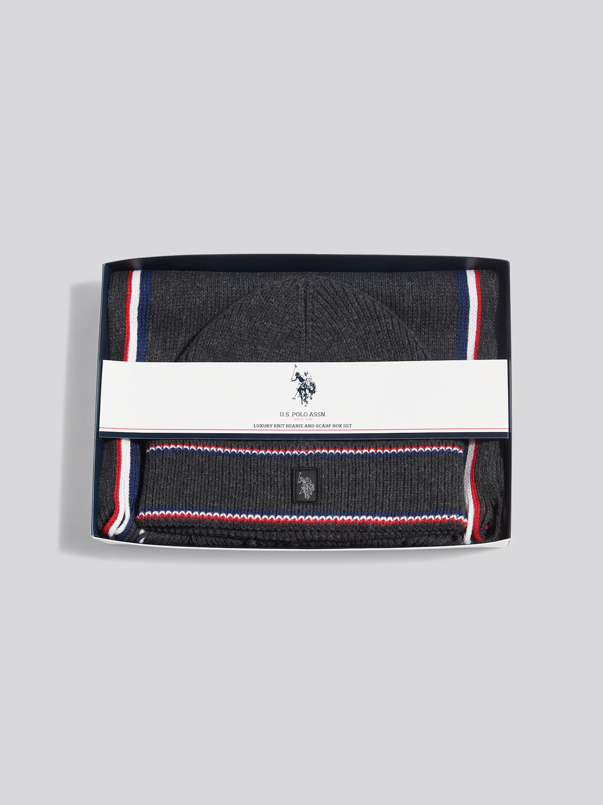 Mens Brand Stripe Knitted Beanie & Scarf Gift Set Charcoal Marl