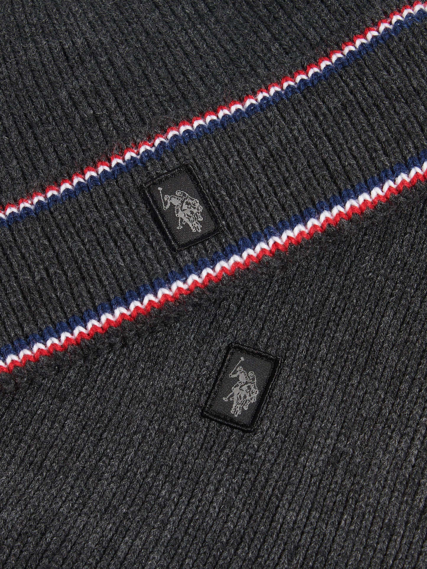 Mens Brand Stripe Knitted Beanie & Scarf Gift Set Charcoal Marl