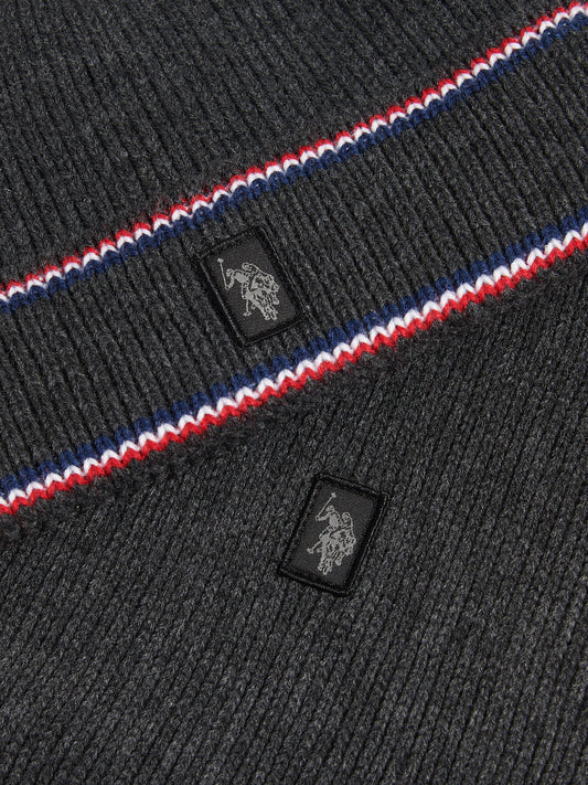 Mens Brand Stripe Knitted Beanie & Scarf Gift Set Charcoal Marl