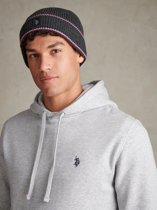 Mens Brand Stripe Knitted Beanie Charcoal Marl
