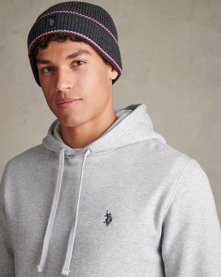 Mens Brand Stripe Knitted Beanie Charcoal Marl