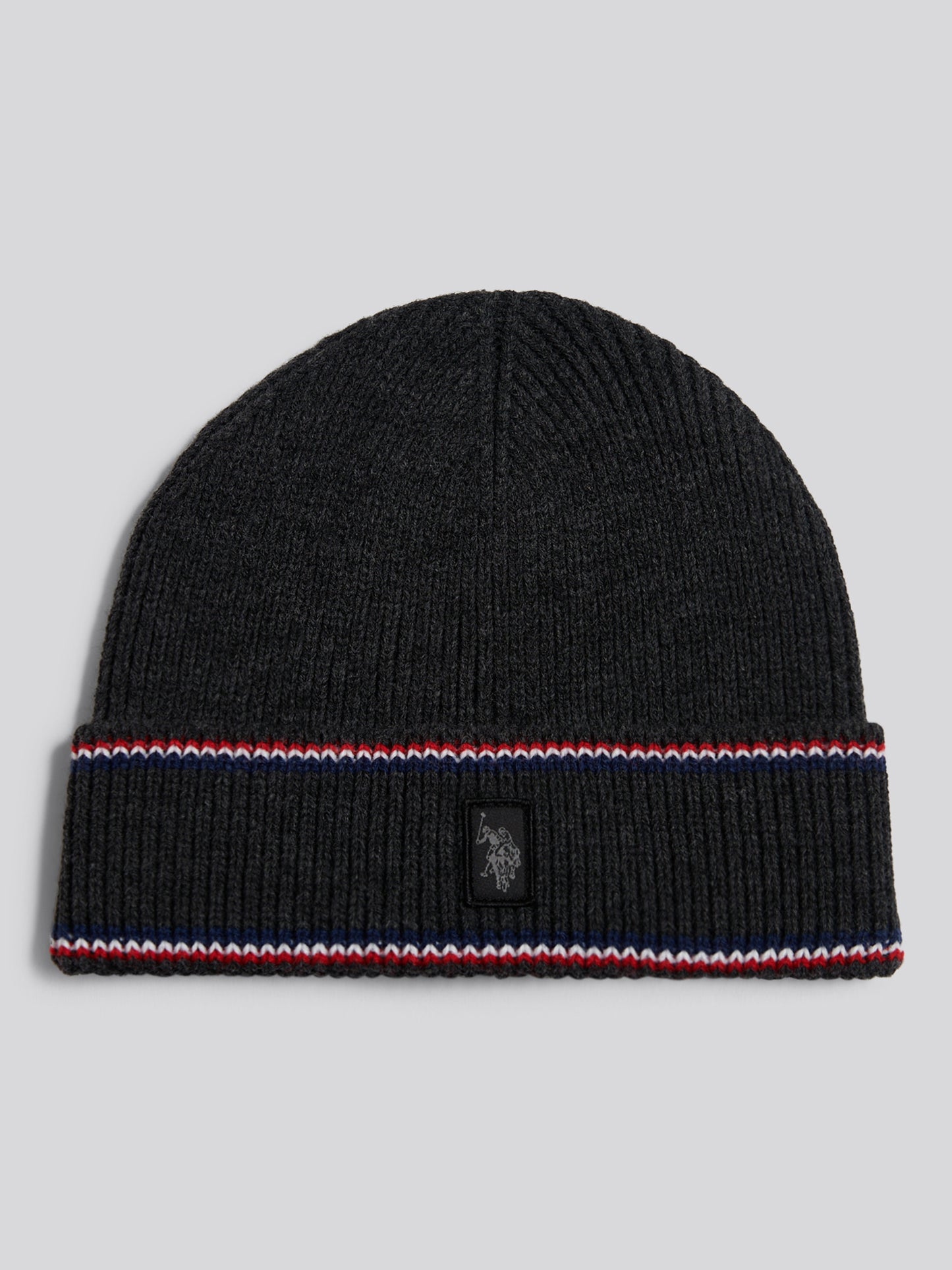 Mens Brand Stripe Knitted Beanie Charcoal Marl